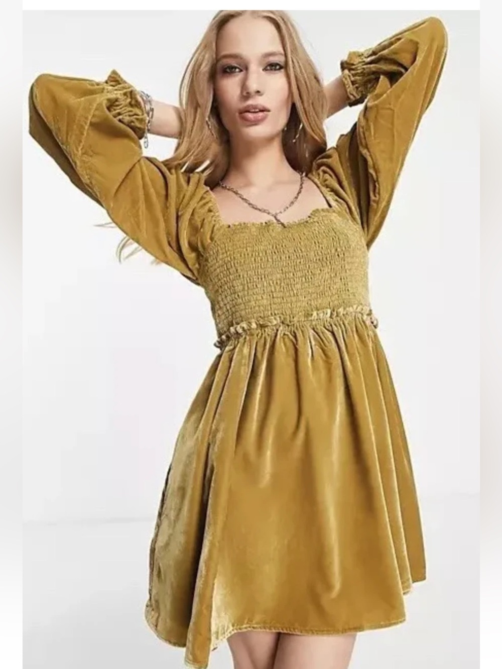Free People Velvet Daphne Smocked Mini Dress in Mustard Gold Small